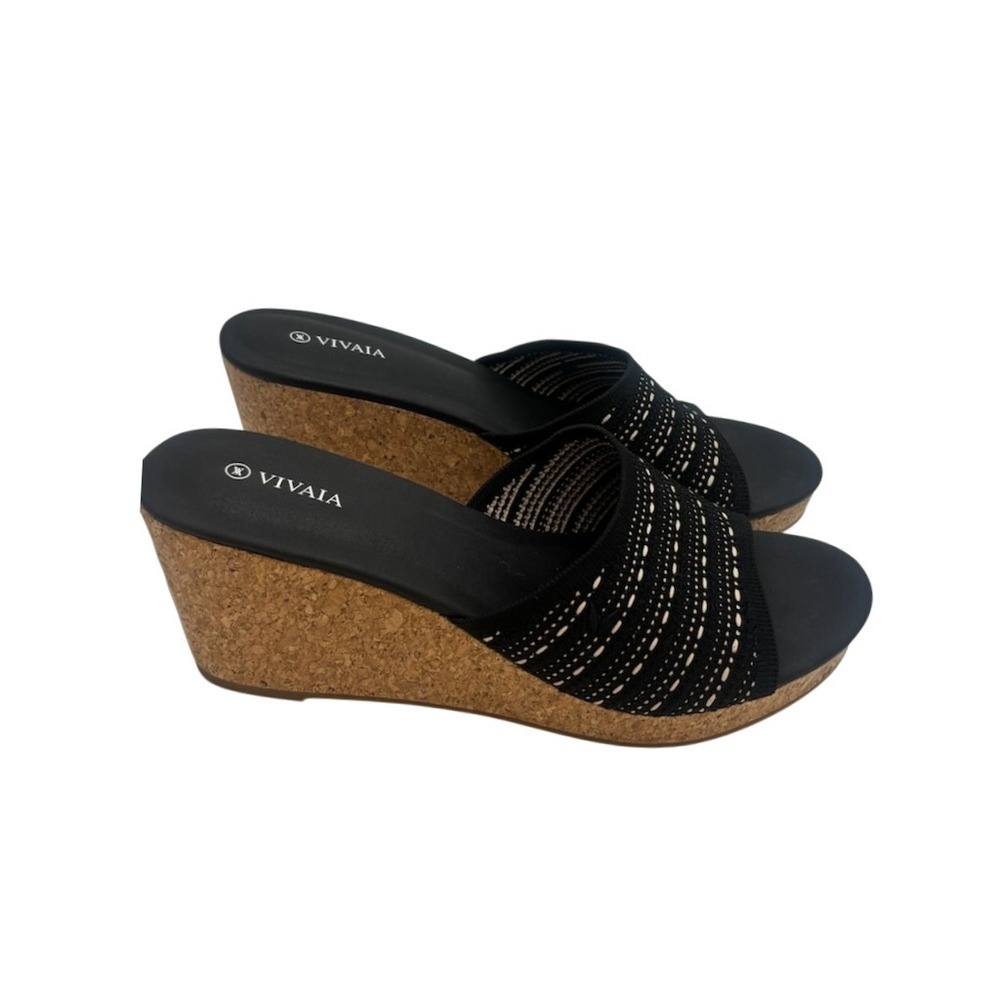 New VIVAIA Wedge Sandals Espadrille Platform Slip On Slides Black Size 43